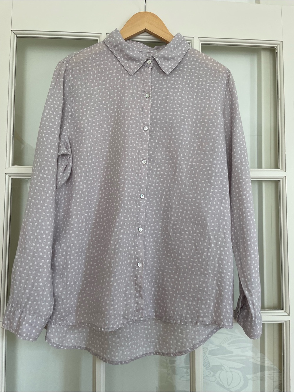 Rachel Zoe 100% linen polka dot collared button up shirt grey white Women's L